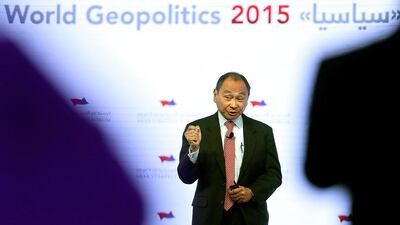 Francis Fukuyama, American political scientist, political economist, and author, gestures during the Arab Strategy Forum in Dubai. Satish Kumar / The National