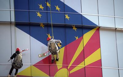 European Union offices in Skopje decorated with EU and Macedonian flags. Nake Batev / EPA