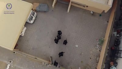 Drone footage shows a raid by the anti-narcotics team of the Sharjah Police who found drugs being produced in a residential villa. Police seized 153kg of drugs worth Dh63 million in a large operation that nabbed peddlers and suppliers. Courtesy: Sharjah Police