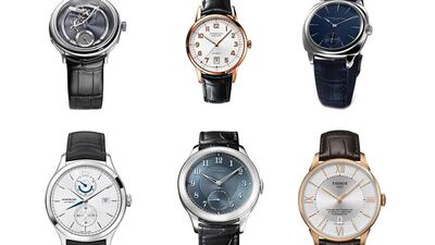 MEN'S - This category only requires that the watch is targeted toward men. Clockwise from top left: Manufacture Royale 1770 Voltige, Tiffany & Co CT60 3-Hand 40mm, Laurent Ferrier Galet Square, Leroy Chronomètre Observatoire and Montblanc Heritage Chronométrie Dual Time. Courtesy GPHG