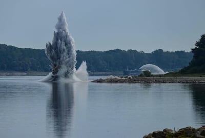 A controlled explosion in the Danube in Izvoarele, Romania, to deepen the river and divert more water towards the cooling systems of the Cernavoda nuclear power station. AFP