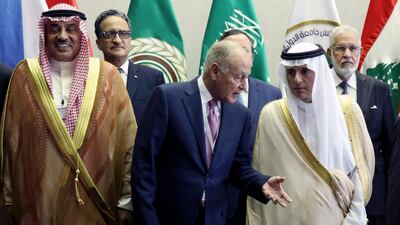 Arab League Secretary-General Ahmed Aboul Gheit speaks with Saudi Arabia's Foreign Minister Adel al-Jubeir as Kuwaiti Foreign Minister Sheikh Sabah Khaled al-Sabah looks on during a group photo on the sideline of a preparatory meeting of Arab Foreign Ministers in Riyadh. Ahmed Yosri / EPA