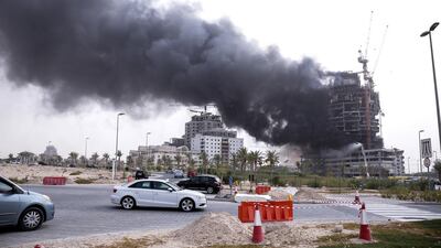 The fire at a construction site in the Jumeirah Village Circle. The National.