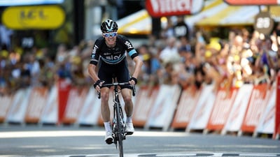 British rider Chris Froome of Team Sky crosses the finish line to win Stage 8 of the 103rd Tour de France cycling race over 184km between Pau and Bagneres-de-Luchon, France, 09 July 2016. Yoan Valat / EPA