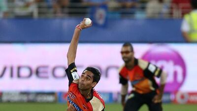 Sunrisers Hyderabad bowler Bhuvneshwar Kumar, pictured during an Indian Premier League match against Mumbai Indians at Dubai International Cricket Stadium on April 30, 2014, took four wickets for 14 runs against Rajasthan Royals on May 8. Pawan Singh / The National