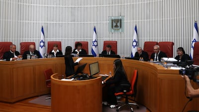 Judges of the Israeli High Court of Justice in Jerusalem, which is hearing appeals against the disqualification of the Arab parties Joint List and Ra'am from the upcoming election. EPA