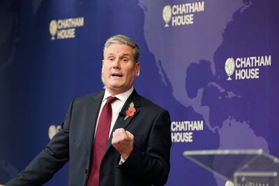 Britain's Labour leader Keir Starmer delivers a speech on the situation in the Middle East at Chatham House in London on Tuesday. AP
