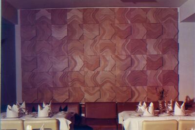 Wood wall panels designed by Mohammed Melehi for the Roses du Dades Hotel. Courtesy Faraoui & de Mazieres studio. Patrice and Pauline de Mazieres archives