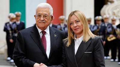 Italian Prime Minister Giorgia Meloni welcomes Palestinian Authority President Mahmoud Abbas before their meeting in Rome. EPA
