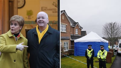 Left: Nicola Sturgeon with husband Peter Murrell. Right: Police officers outside the couple's home. AP / PA