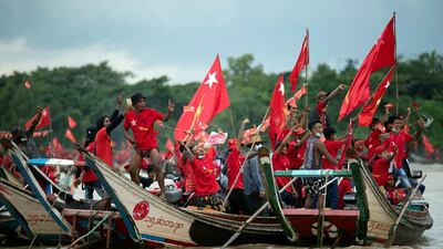 Supporters of National League for Democracy (NLD) take part in a boat rally ahead of a November 8 general election in the Yangon river. Reuters