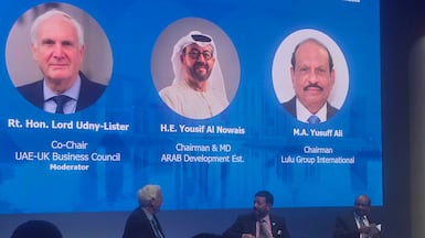 Yousef Al Nowais, centre, MA Yusuff Ali and Lord Udny-Lister at the Abu Dhabi–London Chamber Connect. Salim A Essaid / The National