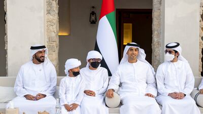 From right to left, Sheikh Hazza bin Tahnoon, Undersecretary to the Ruler's Representative in Al Ain Region; Sheikh Khaled bin Zayed, chairman of the board of Zayed Higher Organisation for Humanitarian Care and Special Needs; Sheikh Tahnoon bin Mohamed bin Tahnoon; Sheikh Zayed bin Mohamed bin Tahnoon bin Mohamed; and Sheikh Nahyan bin Zayed, chairman of the board of trustees of Zayed bin Sultan Al Nahyan Charitable and Humanitarian Foundation, attend the group wedding reception.