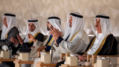 Sheikh Mohamed, Sheikh Mohammed bin Rashid, Sheikh Hamad bin Mohammed, Sheikh Saud bin Rashid and Sheikh Saud bin Saqr watch the show