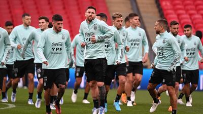 Argentina national team captain Lionel Messi takes part in a warmup. EPA