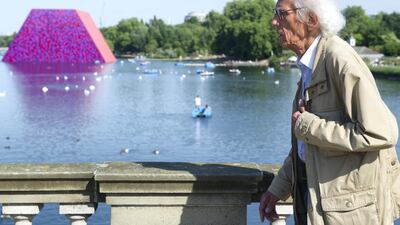 Artist Christo with his new installation at the Serpentine Gallery in London. The word mastaba means 'mud bench' in Arabic, a place for sitting and conversation originating from the historical region of Mesopotamia. Gustavo Valiente / The National