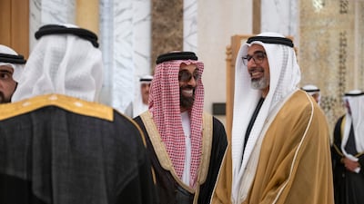 Sheikh Khaled and Sheikh Tahnoon bin Zayed, Deputy Ruler of Abu Dhabi and UAE National Security Adviser, attend the reception for Mr Trump at Qasr Al Watan. UAE Presidential Court