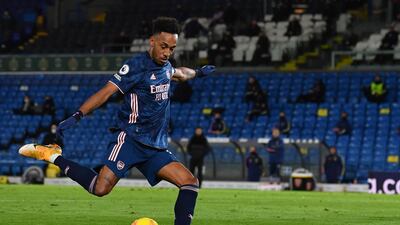 Arsenal's striker Pierre-Emerick Aubameyang takes a shot on goal during the match against Leeds United at Elland Road on Sunday. AFP