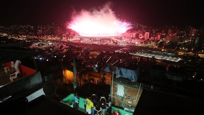 Fireworks explode over Maracana stadium with the Mangueira 'favela' community in the foreground during opening ceremonies for the Rio 2016 Olympic Games on August 5, 2016 in Rio de Janeiro, Brazil. Mario Tama/Getty Images