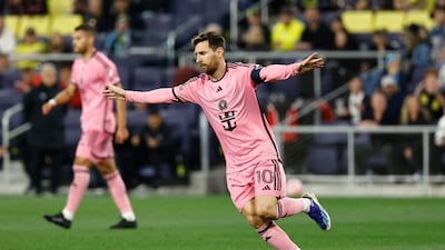 Lionel Messi celebrates scoring for Inter Miami in their 2-2 Concacaf Champions Cup last-16 first leg draw with Nashville at GEODIS Park on March 7, 2024. Getty Images