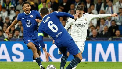 Real Madrid's Fede Valverde has a shot. EPA