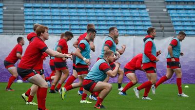 Wales' players take part in a training session at Prince Chichibu Memorial Rugby Ground in Tokyo ahead of their Japan 2019 Rugby World Cup semi-final against South Africa. AFP