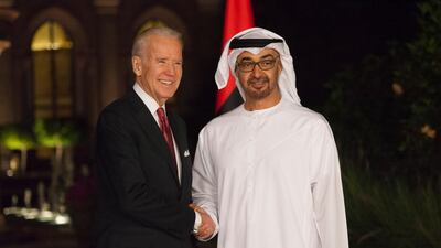 Sheikh Mohamed bin Zayed, Crown Prince of Abu Dhabi and Deputy Supreme Commander of the UAE Armed Forces receives Joe Biden, former Vice President of the US, prior to a dinner meeting at Emirates Palace. The Crown Prince Court - Abu Dhabi, on March 7, 2016