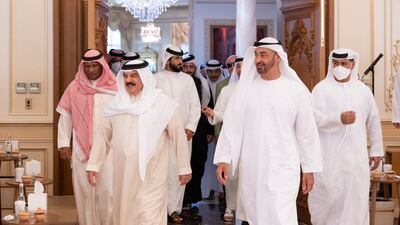Sheikh Mohamed bin Zayed, Crown Prince of Abu Dhabi and Deputy Supreme Commander of the Armed Forces, receives King Hamad of Bahrain at Qasr Al Bahr. Photo: Ministry of Presidential Affairs