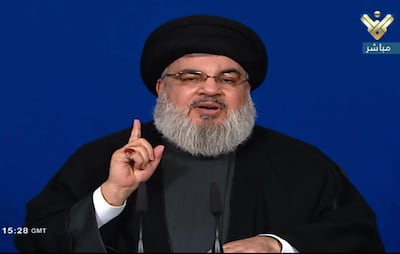 Hezbollah chief Hassan Nasrallah. Al Manar TV / EPA