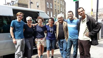From left, Dan Gorman, Malu Halasa, Yasmin Sedda, the driver Rasha, Khaled Khalifa, Khalil Younes and Robin Yassin-Kassab en route to Bristol. Courtesy Ruth Killick Publicity