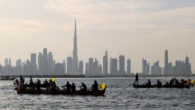Competitors in the Dubai traditional Rowing Race in al-Jaddaf, on Friday, November 27. AFP