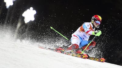 Austria’s Marcel Hirscher competes during the Men’s Alpine Skiing Slalom Run 2 at the Rosa Khutor Alpine Center during the Sochi Winter Olympics on February 22, 2014. FABRICE COFFRINI / AFP
