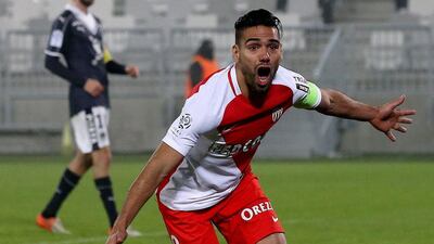 Monaco's Radamel Falcao celebrates after scoring against Bordeaux on Saturday. Romain Perrocheau / AFP / December 10, 2016