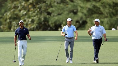 Tiger Woods, Justin Thomas and Fred Couples during a practice round prior to The Masters. AFP