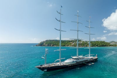 The yacht’s dramatic carbon-fibre masts rise 57 metres above the water and rotate independently for precise sailing control. Photo: Jumeirah