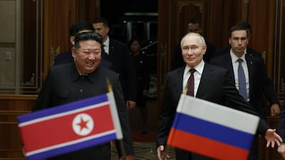 North Korean leader Kim Jong-un and Russian President Vladimir Putin attend a meeting in Pyongyang. EPA