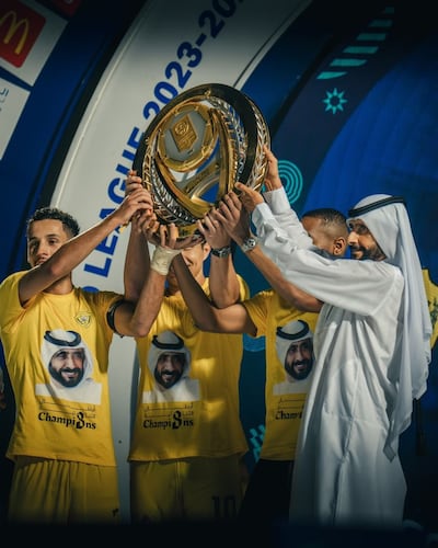 Sheikh Ahmed and players celebrate as Al Wasl clinch the 2023-24 Adnoc Pro League title. Photo: Al Wasl Club