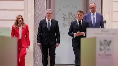 From left, Italian Prime Minister Giorgia Meloni, UK Prime Minister Keir Starmer, French President Emmanuel Macron and German Chancellor Friedrich Merz at the talks in Paris. EPA