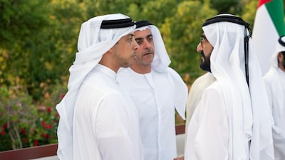 Sheikh Mohammed bin Rashid, Sheikh Mansour bin Zayed, Deputy Prime Minister and Minister of Presidential Affairs, and Sheikh Saif bin Zayed, Deputy Prime Minister and Minster of Interior attend an Al Maqam Palace barza. Hamad Al Mansoori for the Ministry of Presidential Affairs