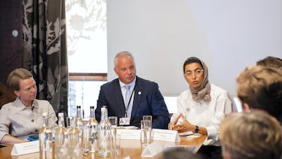 Noura Al Kaabi at the panel discussion, "Culture in Crisis: The Spirit of Mosul: Restoration of Mosul's Great Mosque of Al-Nuri" being held at the V&A boardroom. With her are Louise Haxthausen, far left, Director of UNESCO office in Iraq; and Vernon Rapley, second from left, Director of Security and Cultural Heritage Protection V&A. Eleanor Bentall for The National