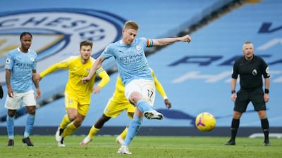 De Bruyne scores from the penalty spot against Fulham in December. Reuters