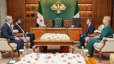 Syria's President Ahmad Al Shara, second left, and Foreign Minister Asaad Al Shibani meet Norway's Foreign Minister Espen Barth Eide, second right, at the People's Palace in Damascus on August 24, 2026. Sana / AFP