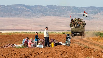 Syrian government soldiers ride in the back of a truck with national flags past people sitting in a field with harvested aubergines, as government forces deploy for the first time in the eastern countryside of the city of Qamishli in the northeastern Hasakah province. AFP