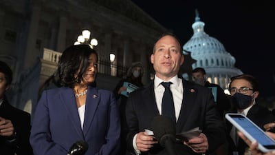 Representatives Pramila Jayapal and Josh Gottheimer outside the US Capitol. The House passed the $1 trillion bipartisan infrastructure bill after months of negotiations. Photo: Getty Images