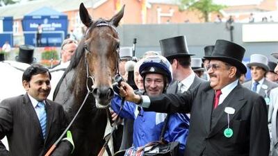 chard Hills and Sheikh Hamdan bin Rashid al Maktoum after winning The Coronation Stakes with Ghanaati.