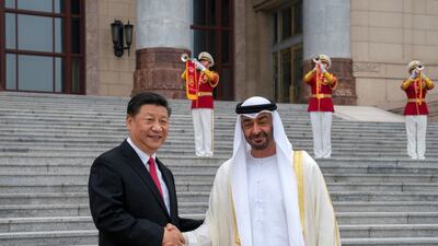HH Sheikh Mohamed bin Zayed greets Xi Jinping, President of China (L), during a reception at the Great Hall of the People in Beijing, China on July 22, 2019. Mohamed Al Hammadi / Ministry of Presidential Affairs