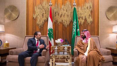 Lebanese prime minister Saad Hariri talks to Saudi Crown Prince Mohammed bin Salman during a visit to Riyadh on March 30, 2017. Mr Hariri met the crown prince in the Saudi capital again on October 30, 2017. Bandar Algaloud / Saudi Kingdom Council / Handout / Anadolu Agency / Getty Images