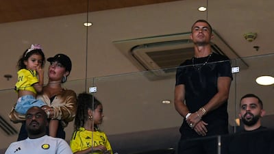Al Nassr's Cristiano Ronaldo with wife Georgina Rodriguez and their children during the Saudi Pro League match against Al Fateh at Al Awwal Park in Riyadh. AFP