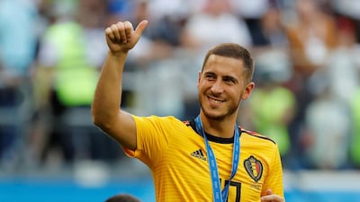 Belgium's Eden Hazard celebrates with his bronze medal after the 2-0 victory over England in the World Cup third-place play-off in Saint Petersburg. Reuters
