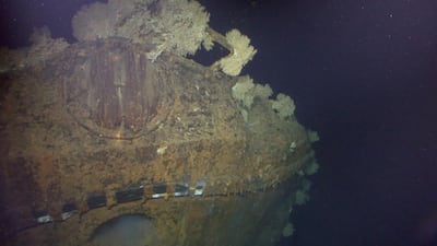 The crested bow of the Japanese battleship Musashi one kilometre under the Sibuyan Sea in the Philippines. paulallen.com / AFP